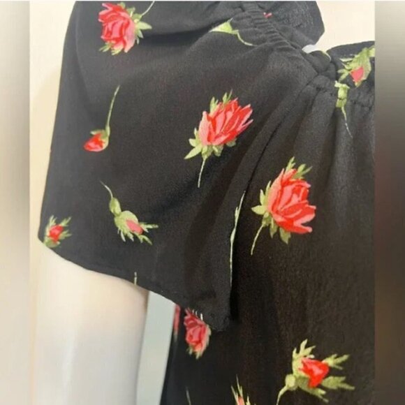 OASIS NWT Rose/Black Print short sleeve elastic ruffled neck viscose breathes 12 - Picture 9 of 16